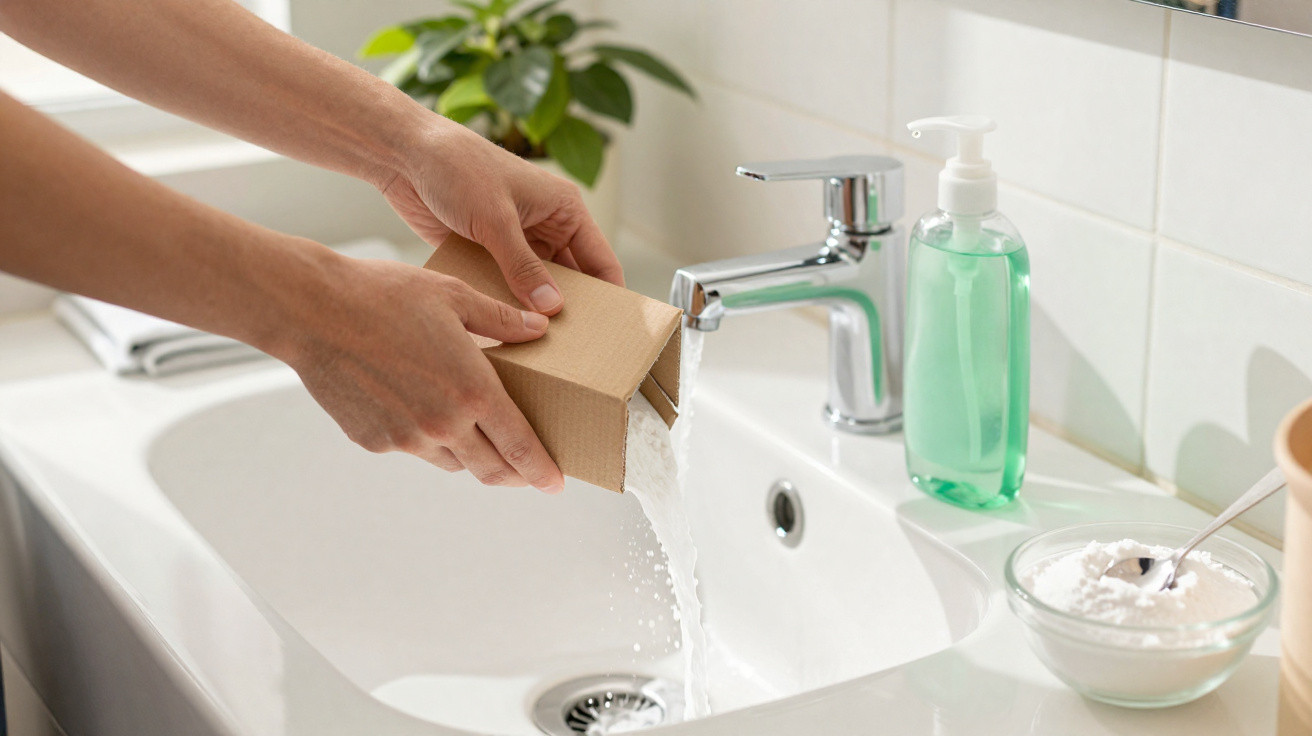 Hands pouring white powder from a cardboard box into a running water sink with soap dispenser nearby