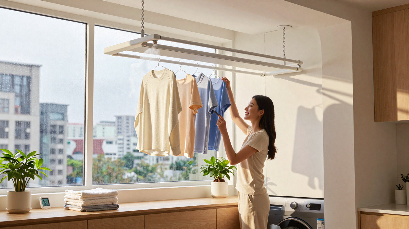 Woman hanging clothes on an indoor ceiling-mounted drying rack in a bright laundry room.