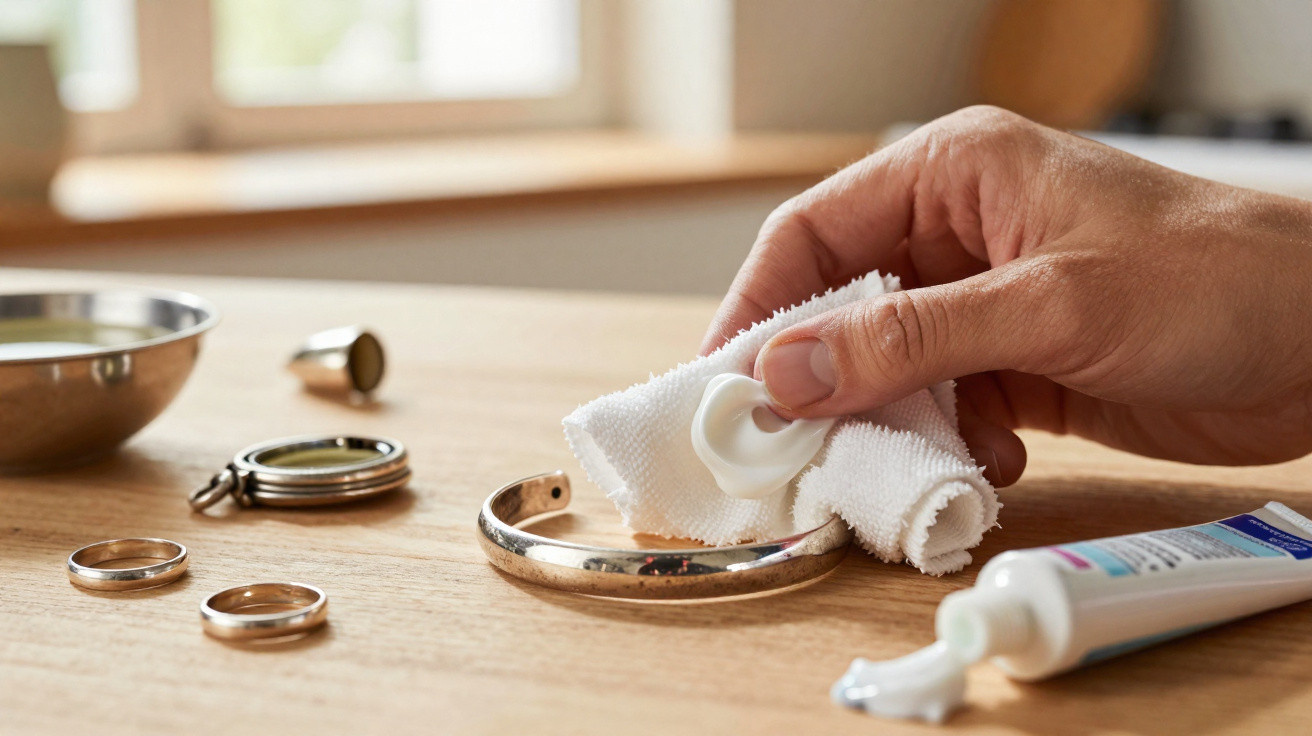 Hand cleaning a silver bracelet with polishing cream and cloth on a wooden table with jewellery nearby.