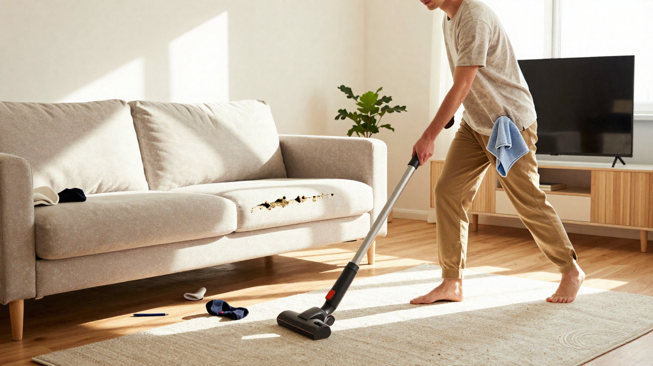 Person vacuuming a living room with a damaged beige sofa and scattered items on the floor in daylight.