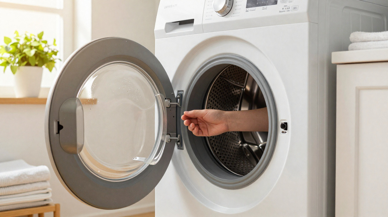 Hand reaching inside the drum of an open white front-loading washing machine in a bright room.