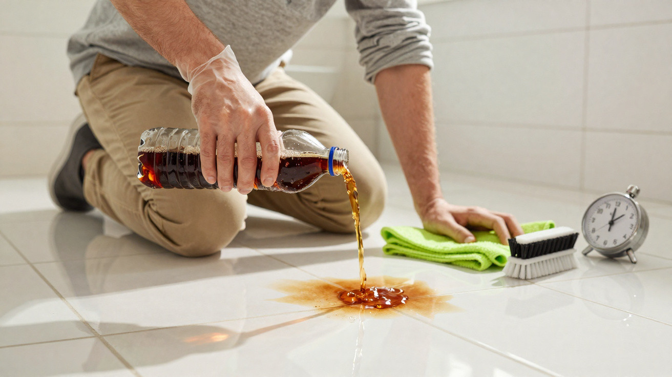 Person pouring liquid onto a floor stain with cleaning brush, cloth, and clock nearby.