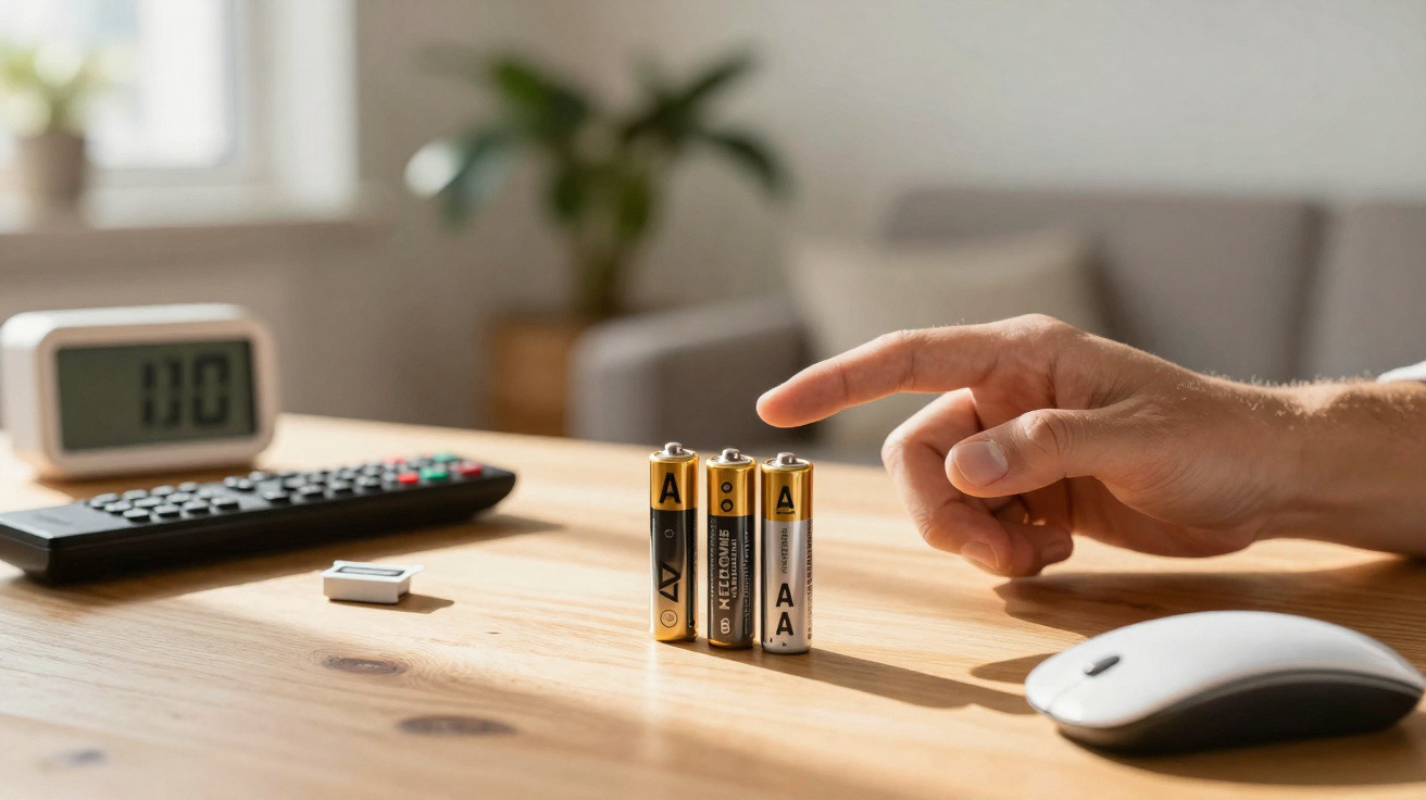 Hand reaching towards three AA batteries standing upright on wooden desk with remote and mouse nearby.