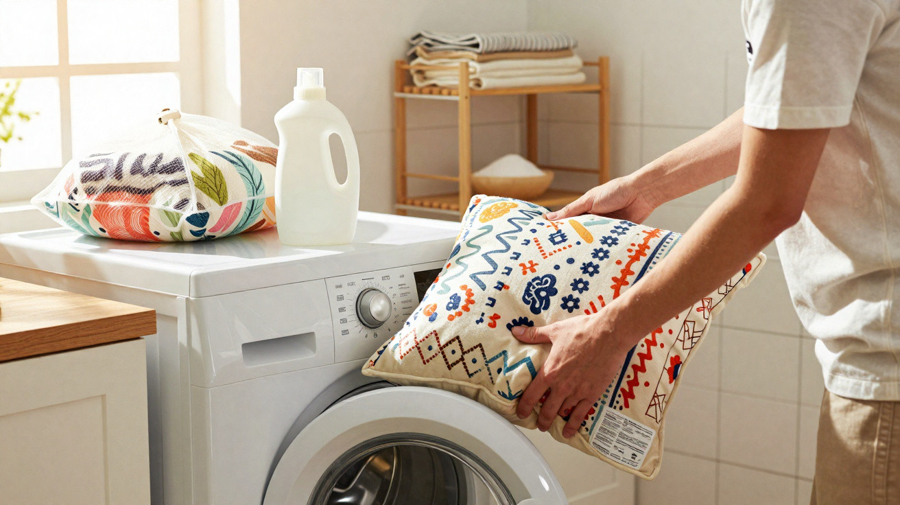Person placing patterned cushion into front-loading washing machine in a bright laundry room with detergent nearby