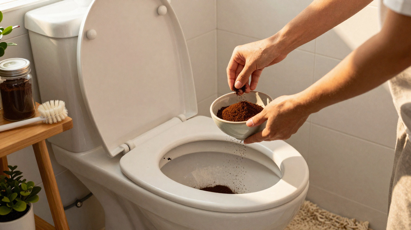 Person sprinkling coffee grounds into a toilet bowl in a bright, clean bathroom.