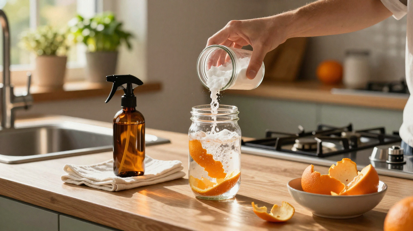 Hand pouring sparkling water into a jar with orange peel on a kitchen counter with a spray bottle nearby.