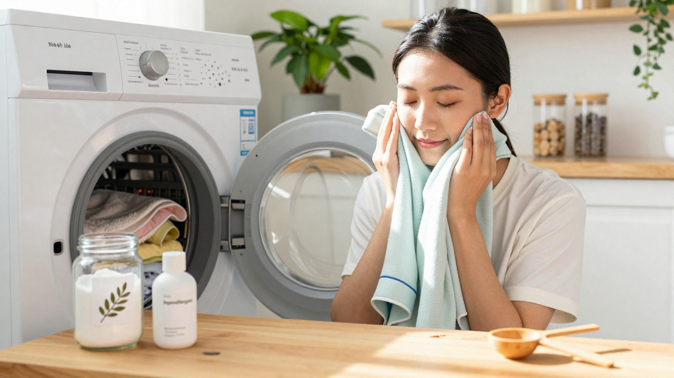 Woman smelling a freshly washed towel beside an open washing machine in a bright laundry room.