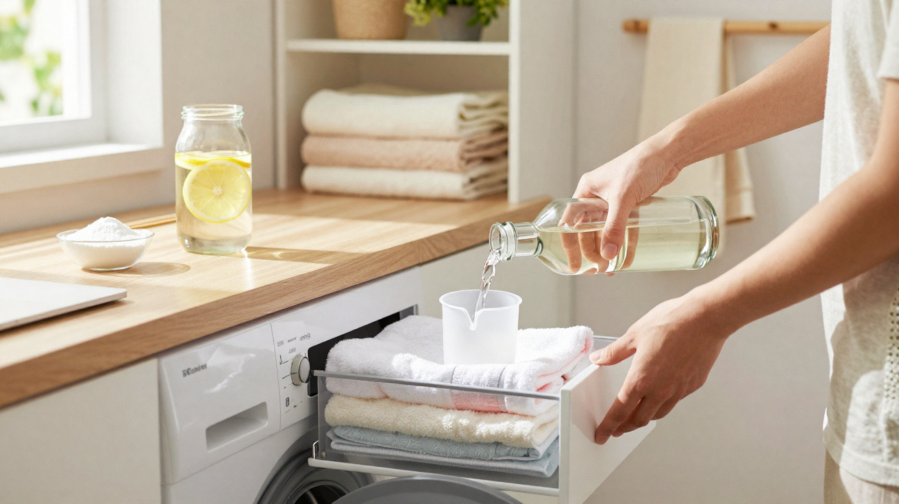 Person pouring liquid detergent from a bottle into a measuring cup above folded towels in a laundry room drawer.