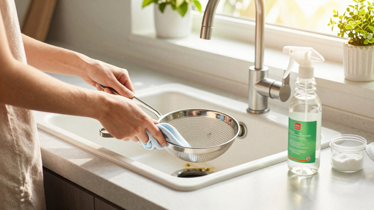 Person cleaning a metal sieve with a cloth over a white kitchen sink with plants and cleaning spray nearby.