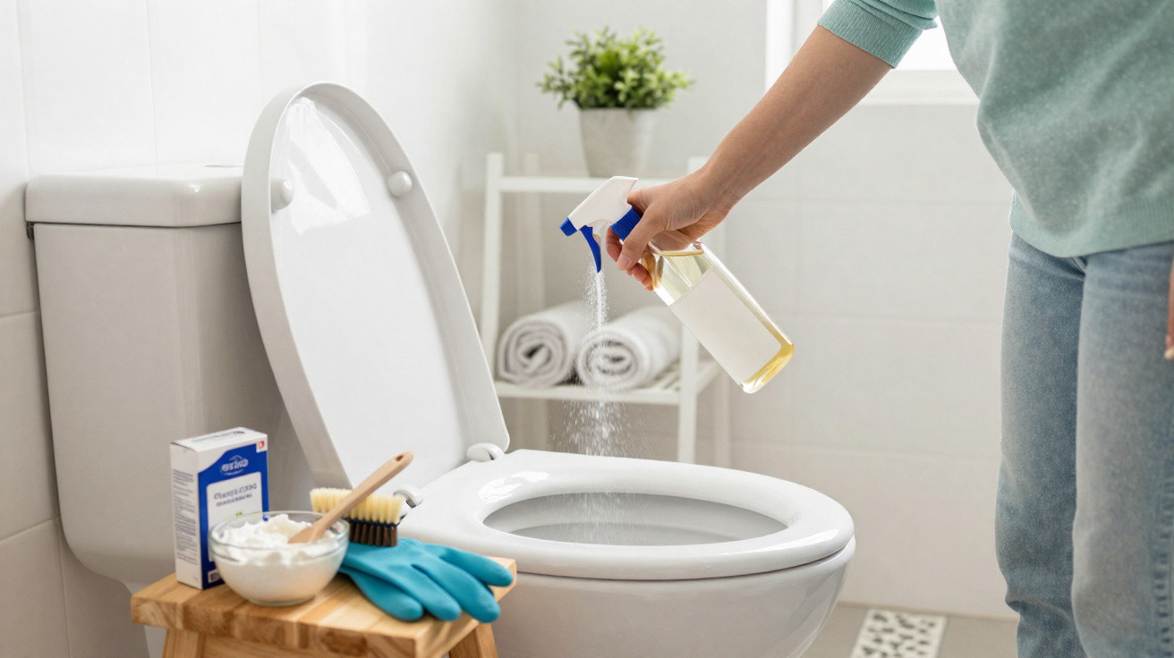 Person spraying cleaner inside a toilet bowl in a bright bathroom with cleaning supplies nearby