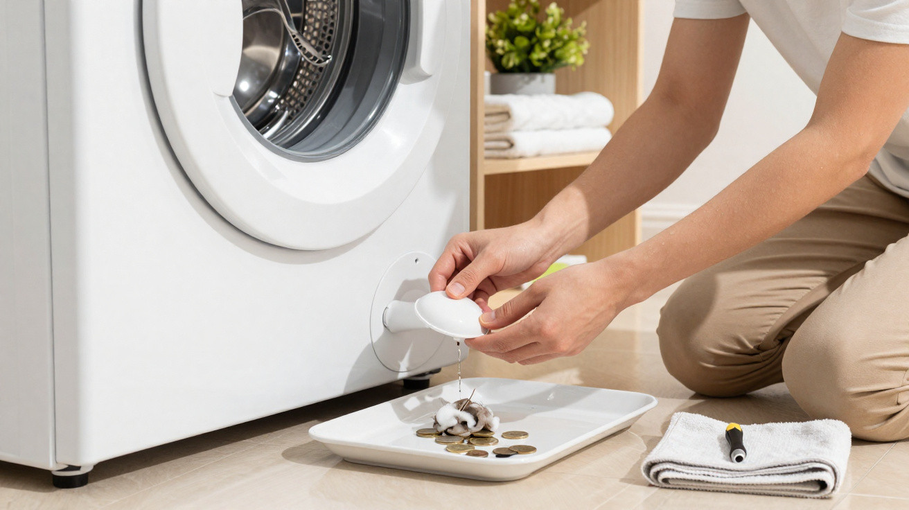 Person emptying water filter from washing machine onto tray with coins and debris on the floor.