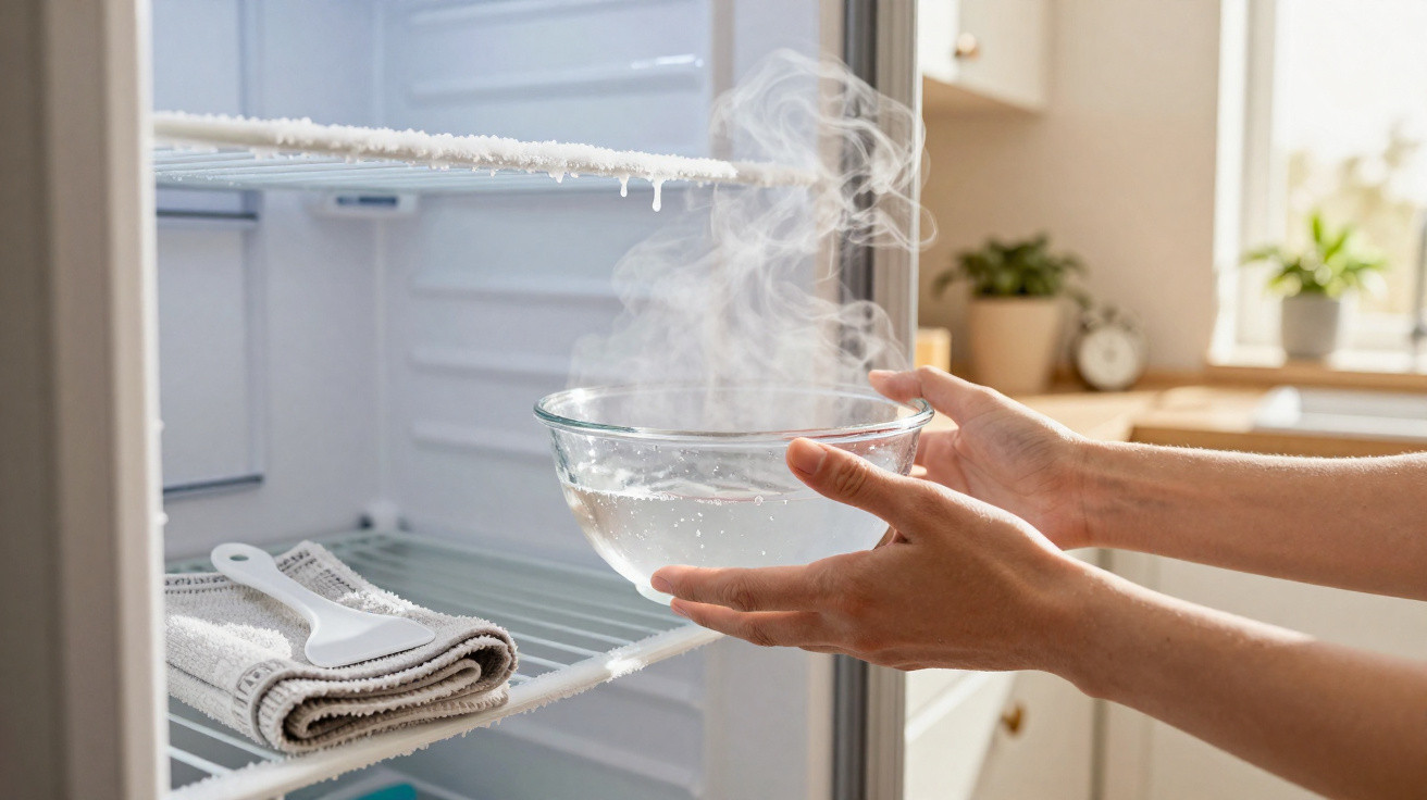 Person placing a steaming glass bowl inside an empty refrigerator with frost on the shelves.