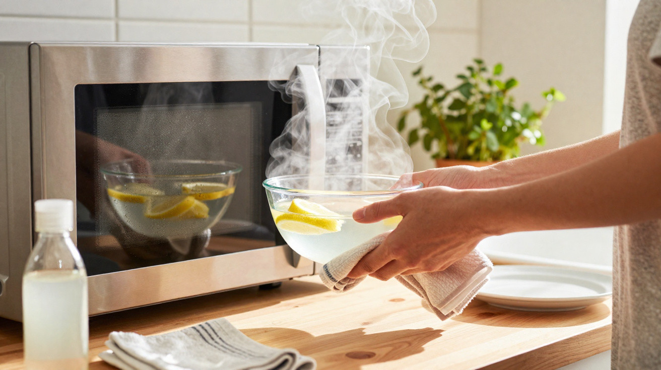 Hands holding a steaming glass bowl with lemon slices just taken out of a microwave on a wooden countertop.