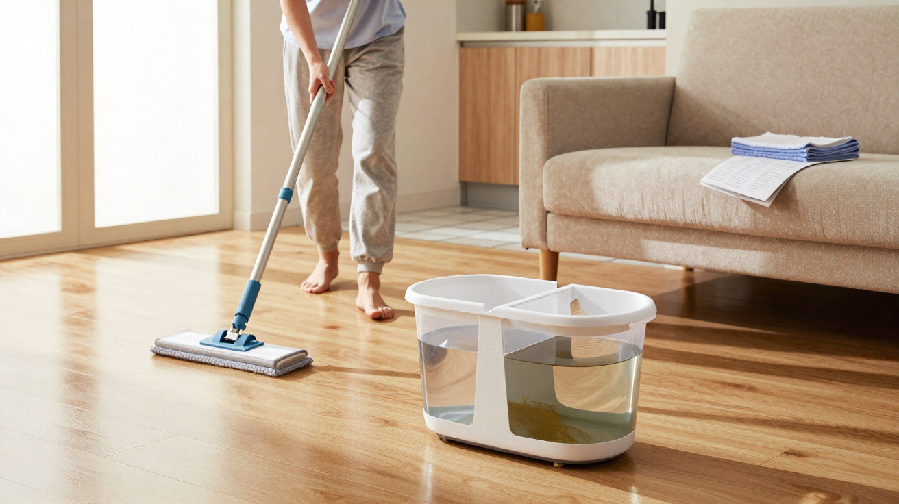 Person mopping a wooden floor in a bright living room with a dual-compartment mop bucket nearby.