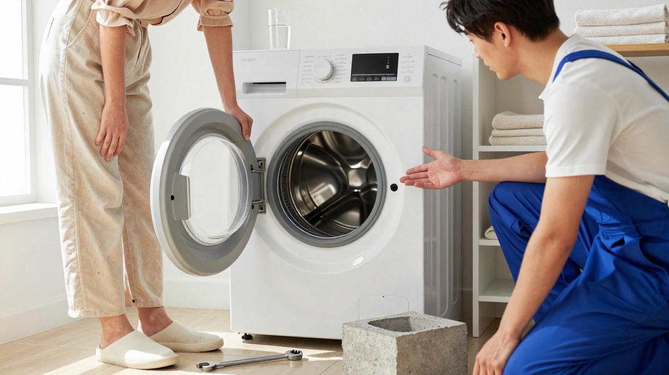 Technician in blue overalls inspecting open front-loading washing machine while woman stands beside it in bright room.