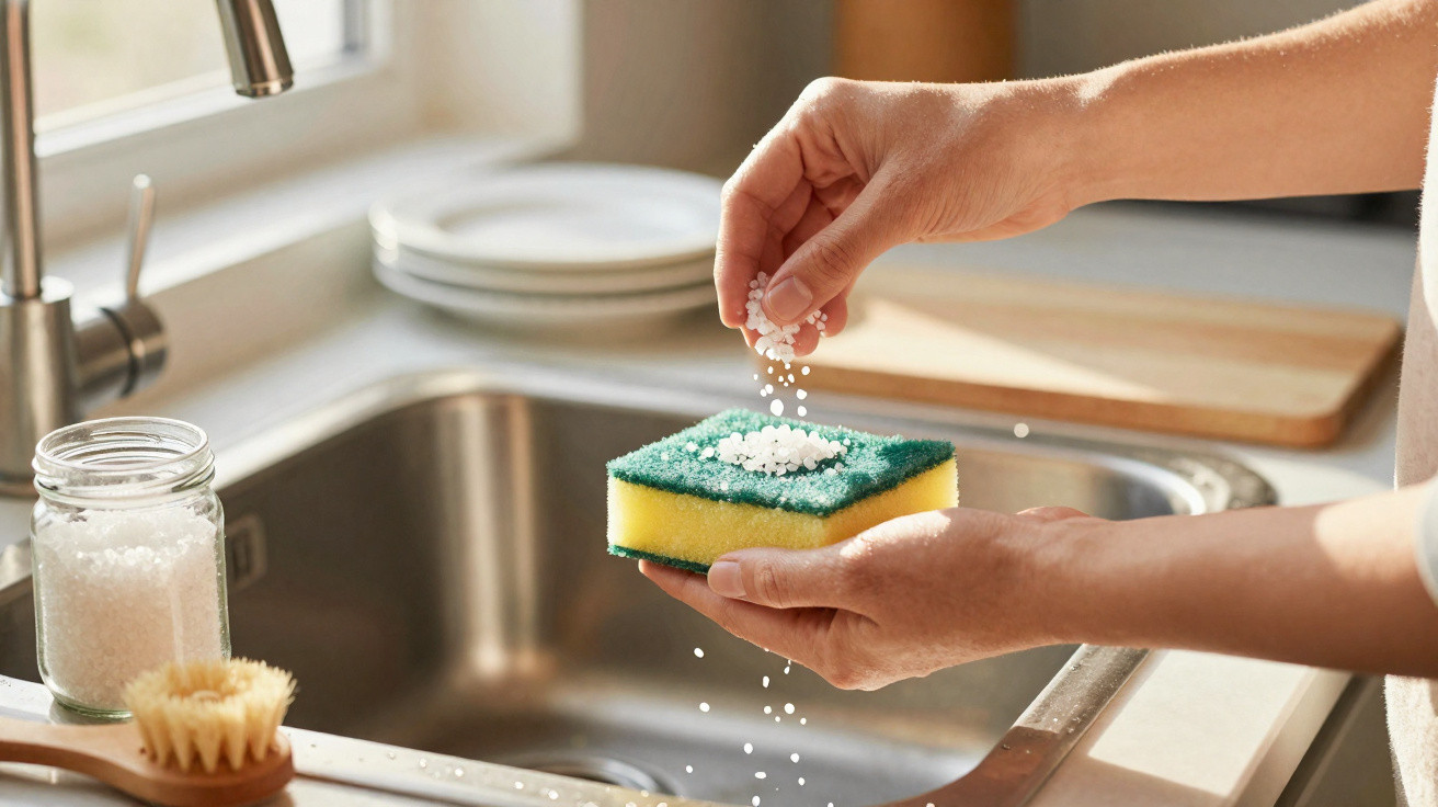 Person sprinkling cleaning tablets onto a sponge above a kitchen sink with dishes and brush nearby.