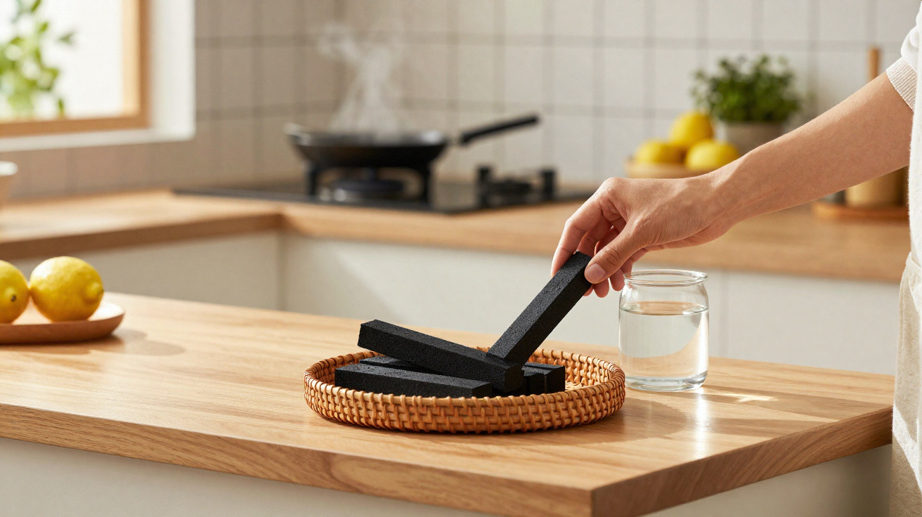 Hand placing black charcoal sticks in a wicker tray on a wooden kitchen counter with a glass of water nearby.