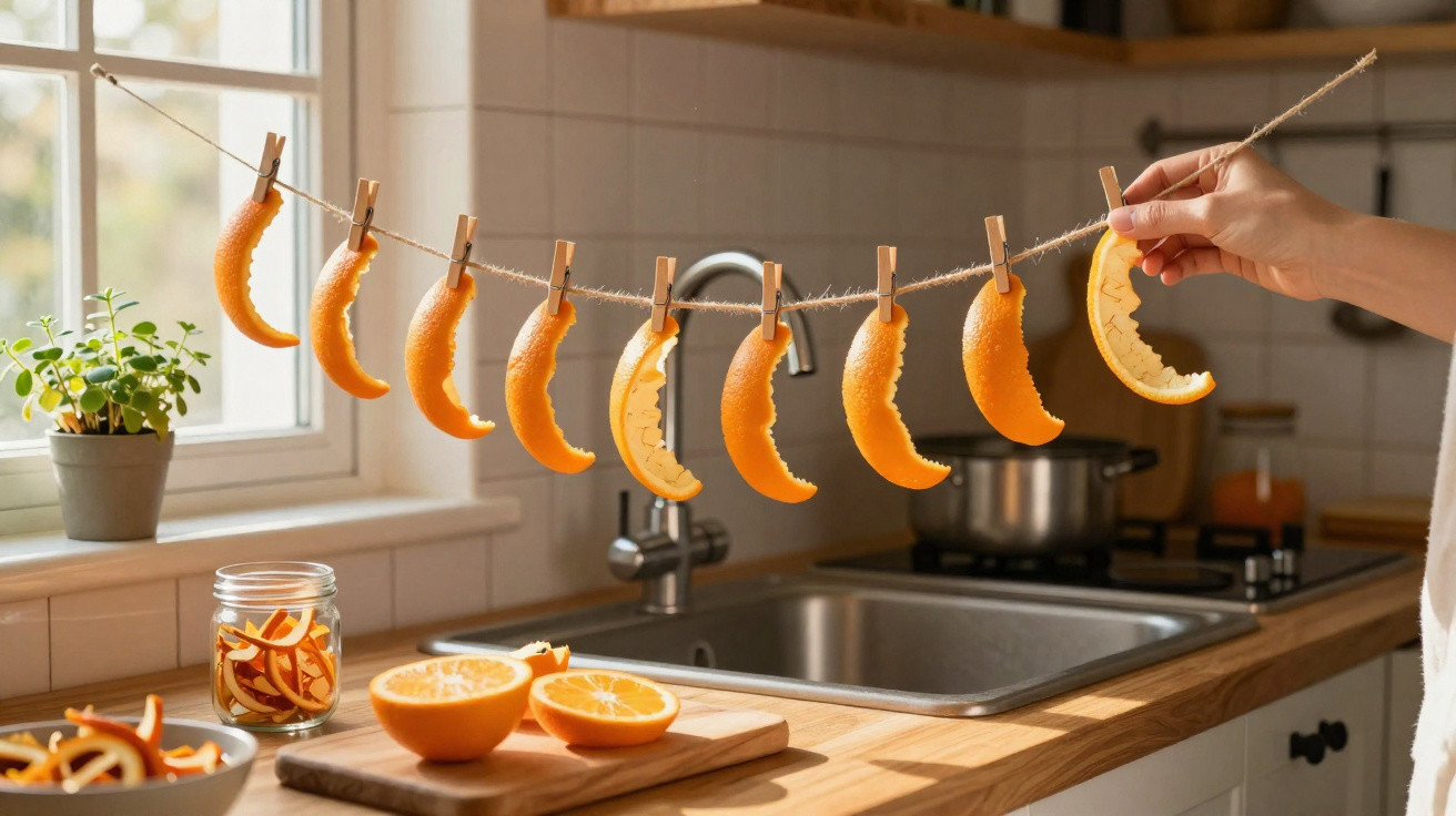 Slices of orange peel drying on a string with clothespins in a bright kitchen by a window.