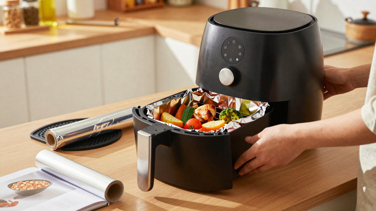 Person removing basket with vegetables from a black air fryer on a kitchen countertop.