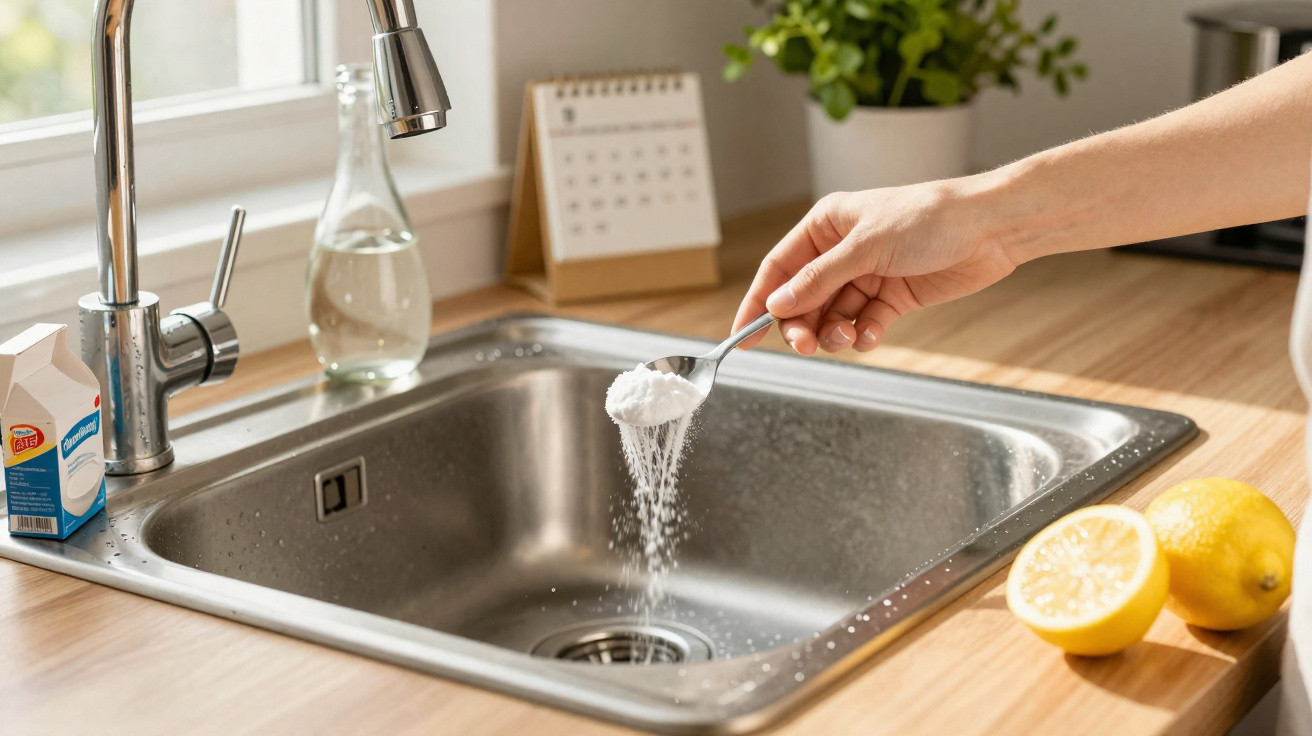 Hand sprinkling white powder into a kitchen sink with lemons and cleaning products nearby on countertop.