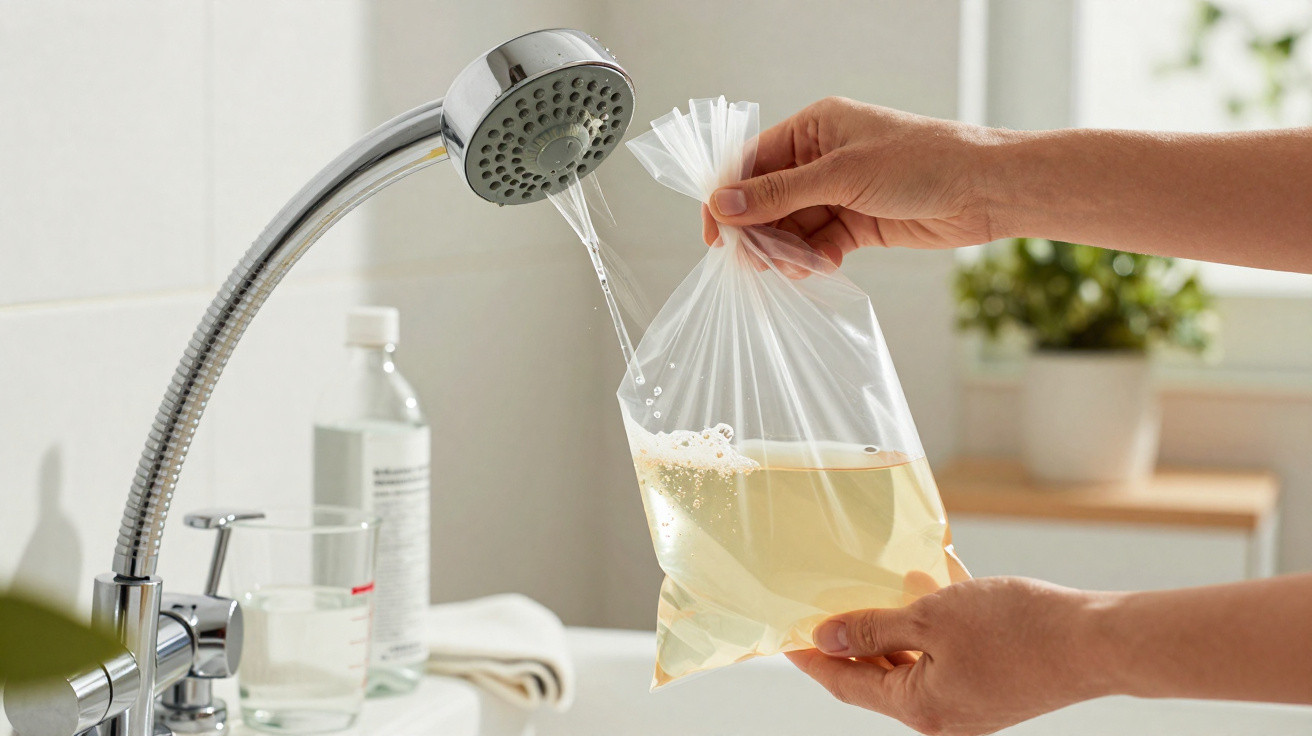 Hands filling a tied plastic bag with water from a bathroom shower head over a bathtub.