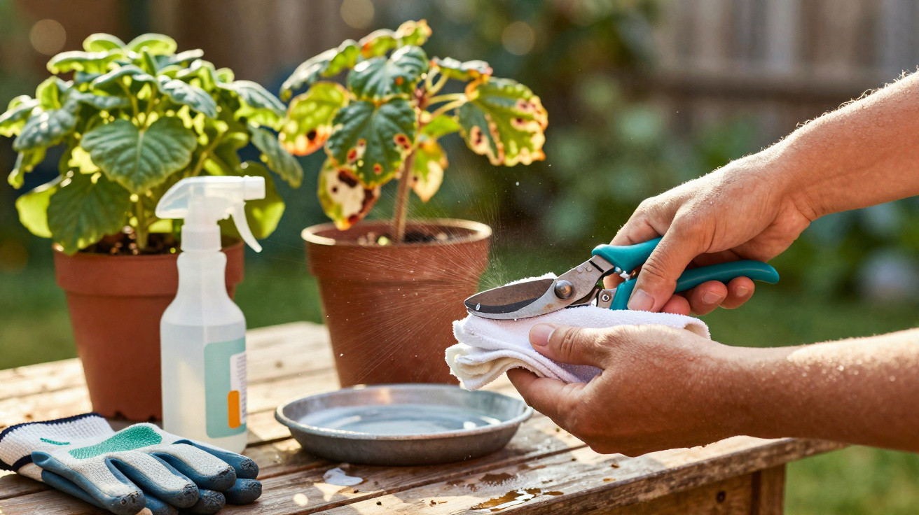 Hands cleaning garden shears with cloth and spray on wooden table near potted plants and gloves outdoors.
