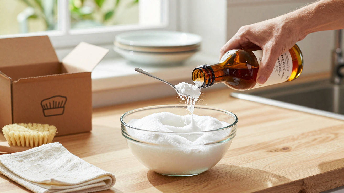 Hand pouring liquid from a brown bottle onto a spoon over a bowl of white powder on a wooden kitchen counter.
