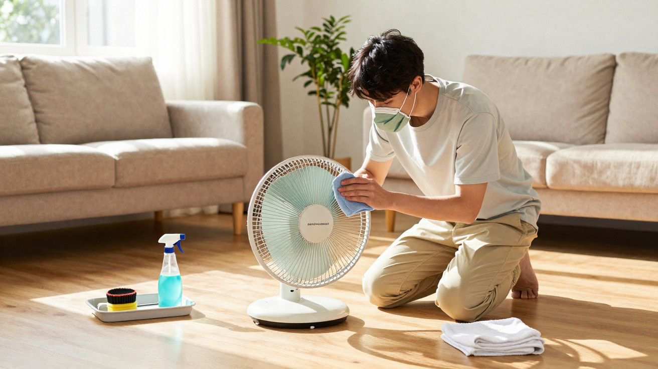 Young man wearing mask cleaning a white electric fan in a sunlit living room with spray bottle and cloths nearby.