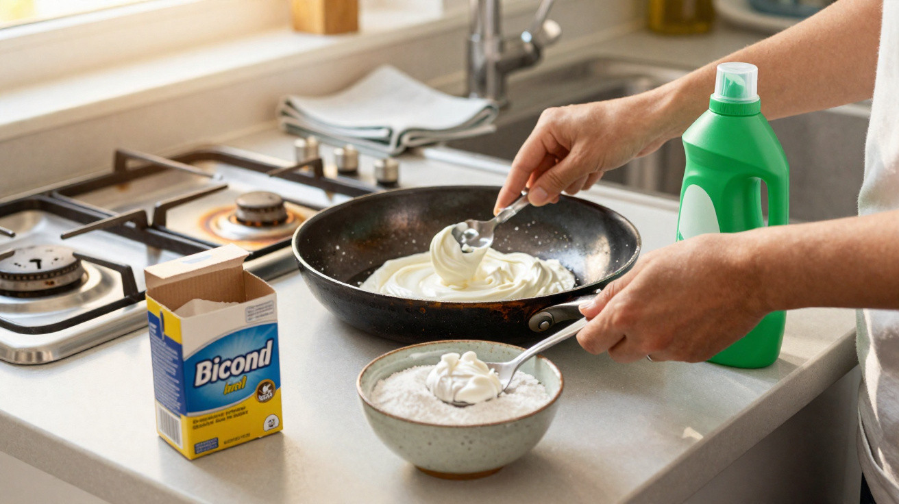 Person scooping white substance from a bowl onto a pan in a kitchen countertop setting.