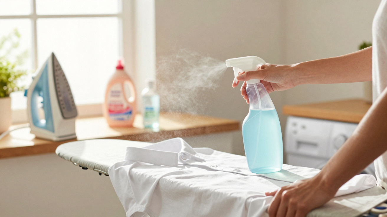 Hands spraying blue cleaning solution on a white shirt on an ironing board beside an iron and detergent.