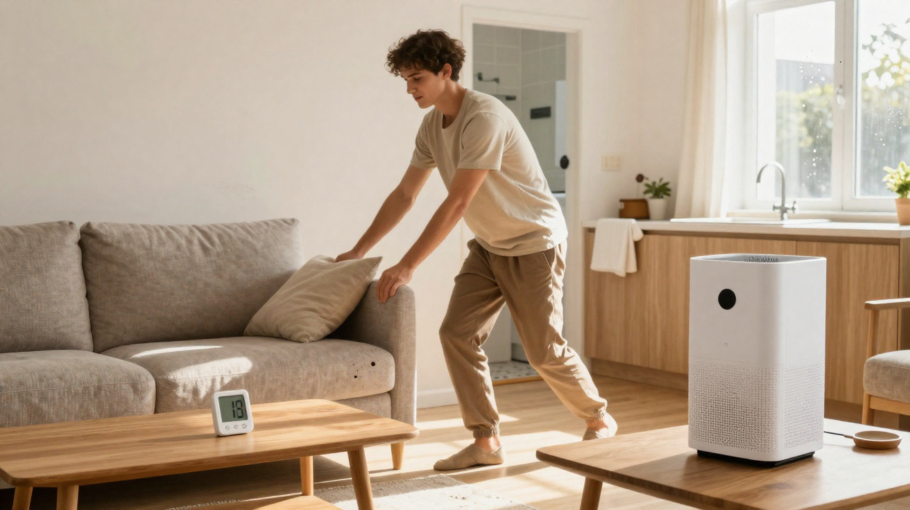 Young man adjusting cushion on sofa in sunlit living room with air purifier and digital thermometer on tables.