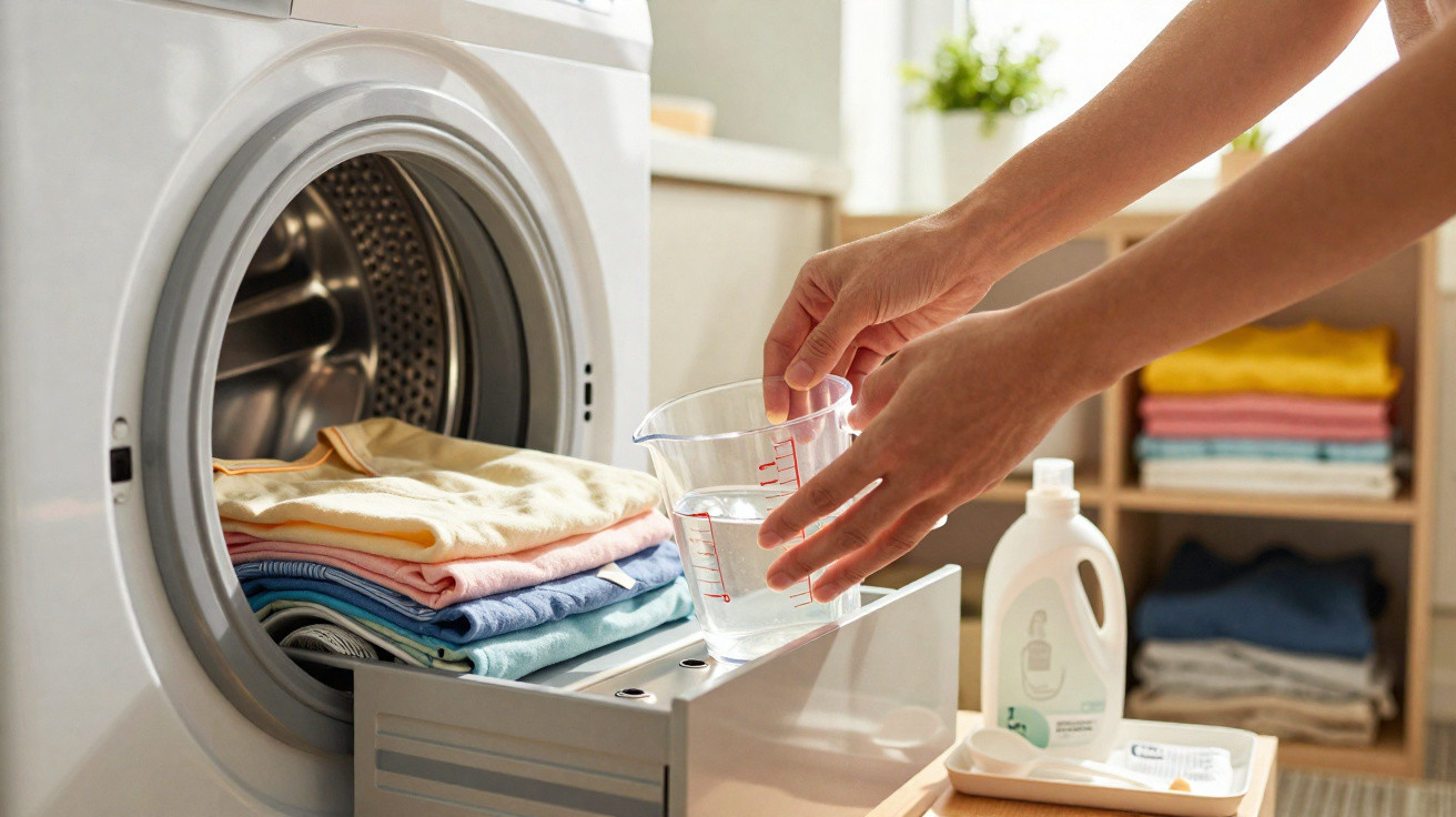 Hands pouring water into a front-loading washing machine with folded clothes and detergent nearby in a laundry room.