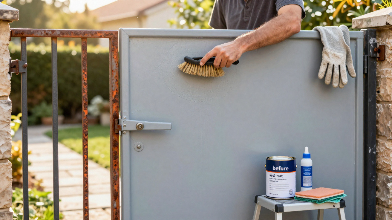 Person cleaning a metal garden gate with a brush, with anti-rust paint and cleaning supplies on a stool nearby.