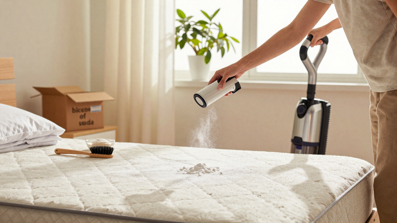Person sprinkling baking soda on a mattress with cleaning brush and vacuum cleaner in the background.