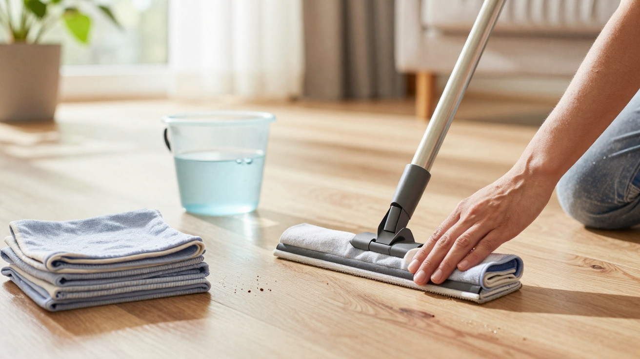 Person cleaning hardwood floor with mop, bucket of water, and stack of cloths nearby in bright room.