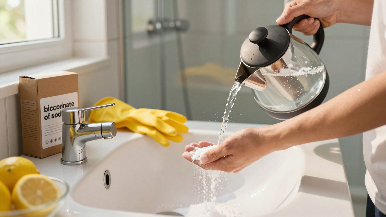 Person rinsing baking soda from hands over a bathroom sink with cleaning gloves and lemons nearby.