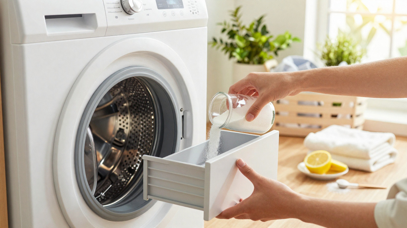 Person pouring detergent into a front-loading washing machine drawer in a bright laundry room.
