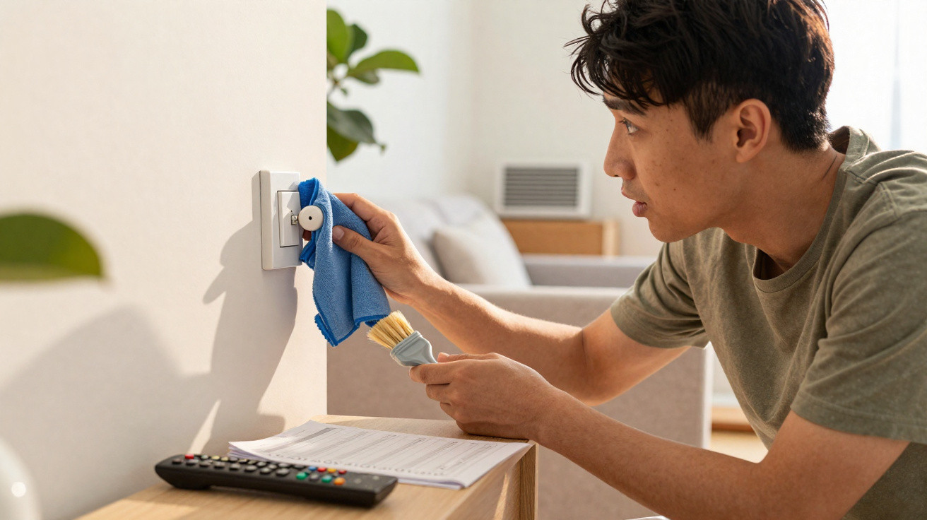 Man cleaning a light switch with a blue cloth and small brush in a bright living room.
