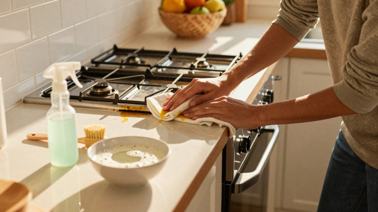Person cleaning a kitchen counter with a cloth next to a gas stove and cleaning supplies in natural light.