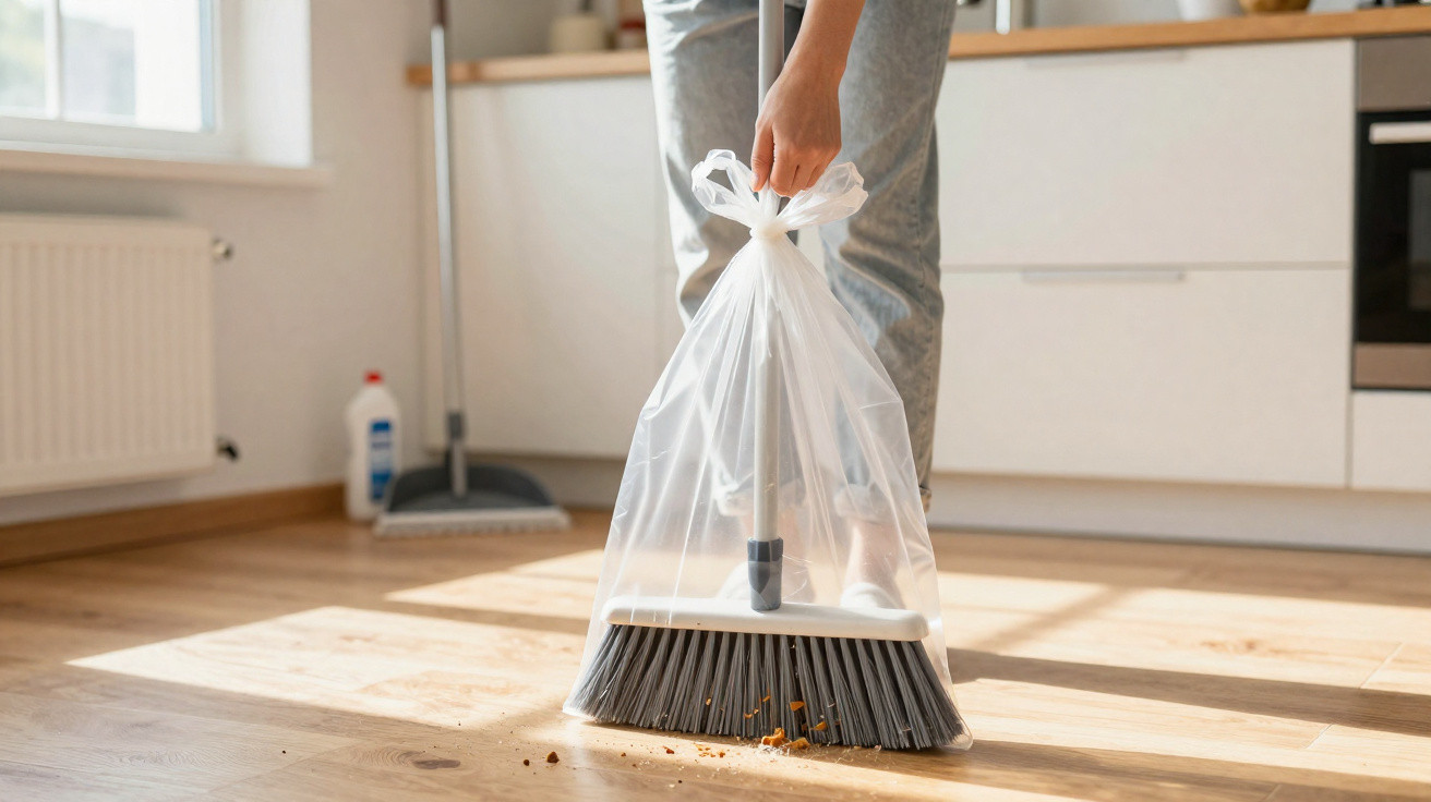 Person holding a broom with a plastic bag attached, sweeping dirt from a wooden kitchen floor.