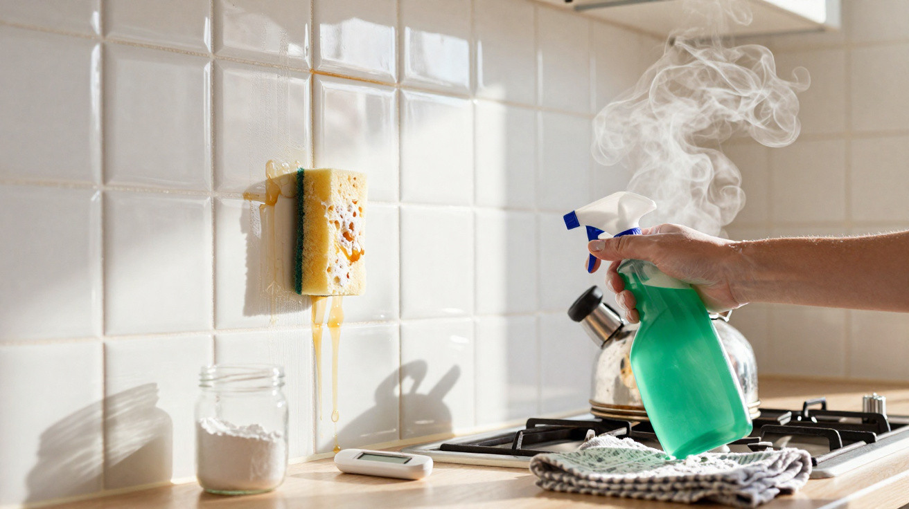 Hand spraying green cleaning solution on stove with a sponge and cleaning cloth on kitchen counter.