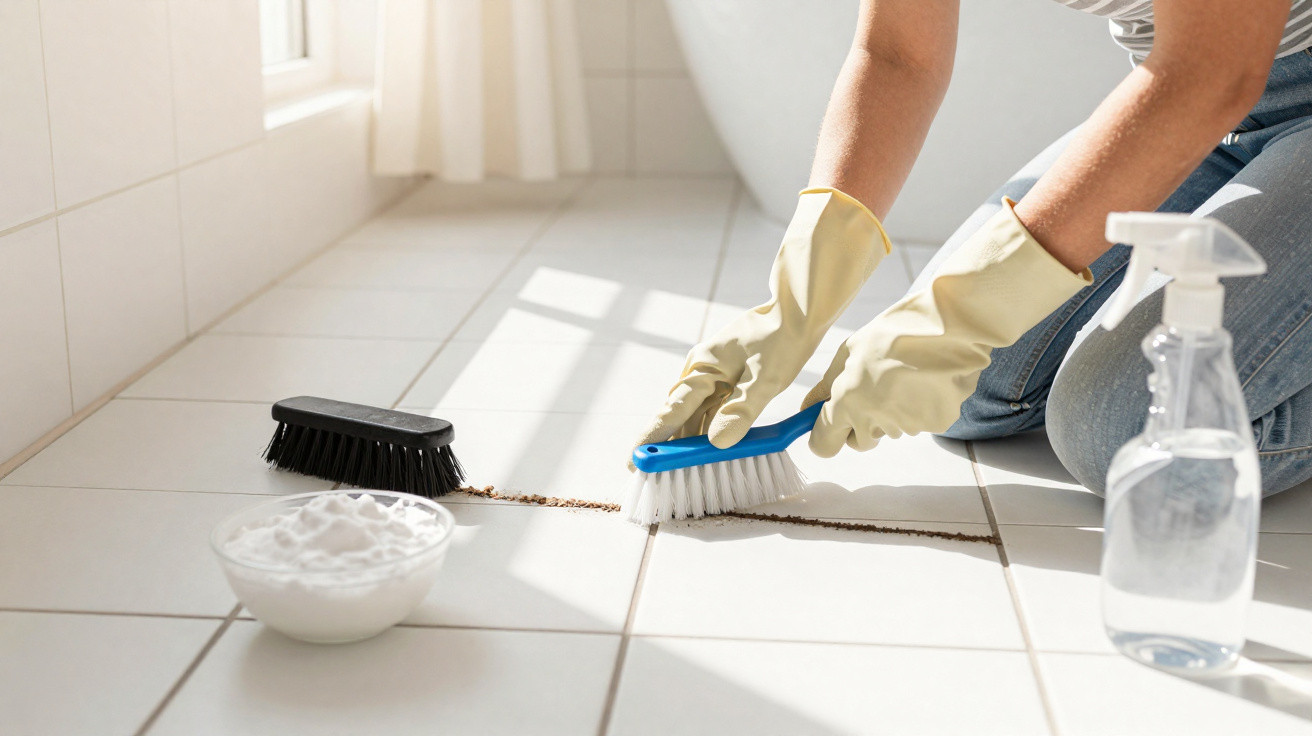 Person wearing yellow gloves scrubbing dirty white floor tiles with a brush and cleaning supplies nearby.