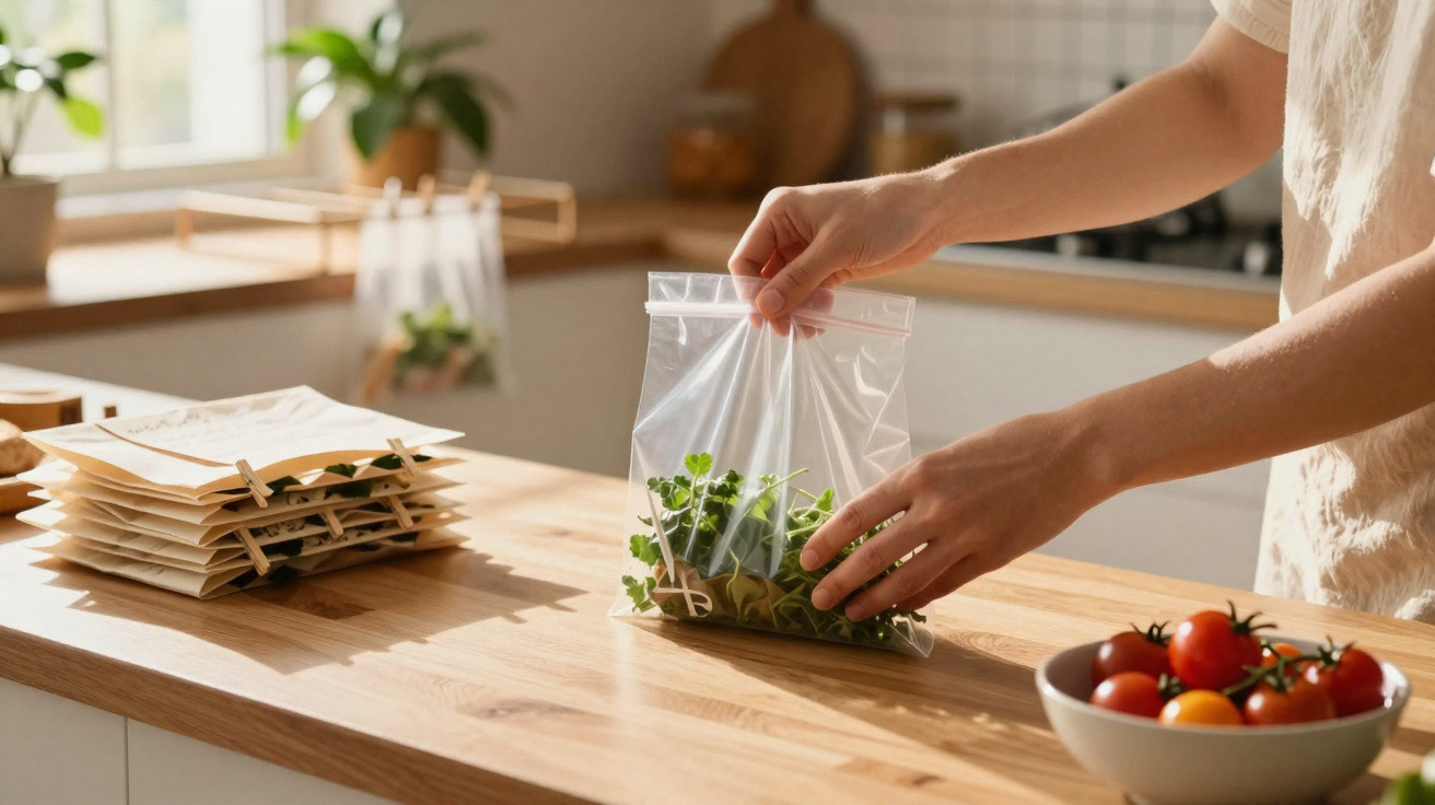 Person placing fresh herbs into a clear resealable plastic bag on a wooden kitchen counter.
