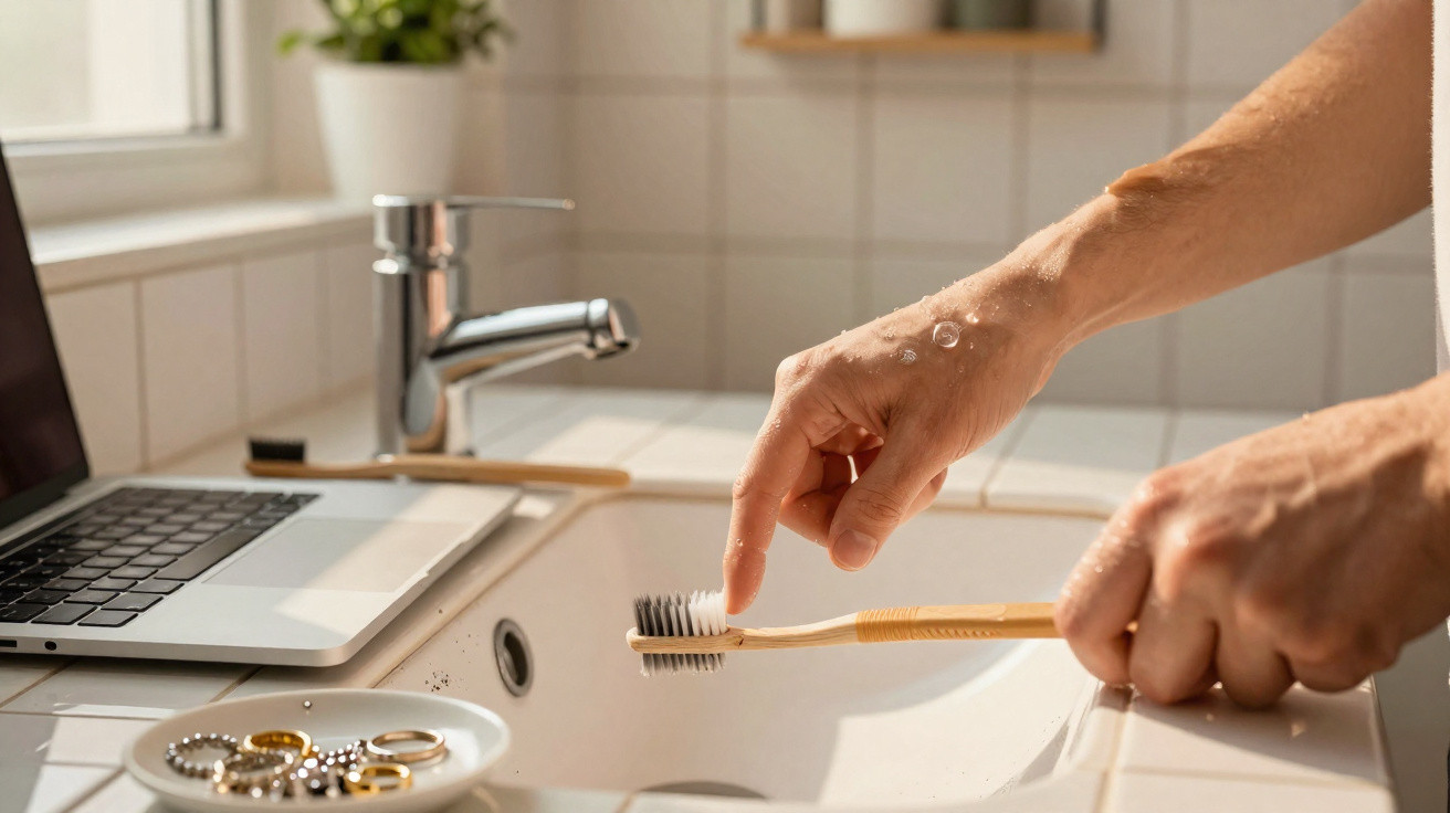 Person applying toothpaste to a bamboo toothbrush over a bathroom sink with a laptop nearby.