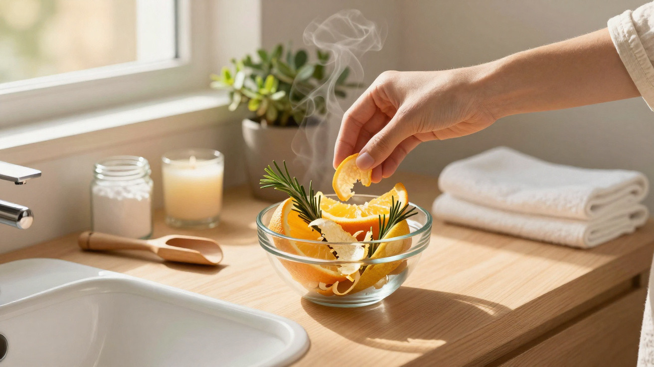 Hand placing orange peel in steaming bowl with rosemary on wooden bathroom counter near window.