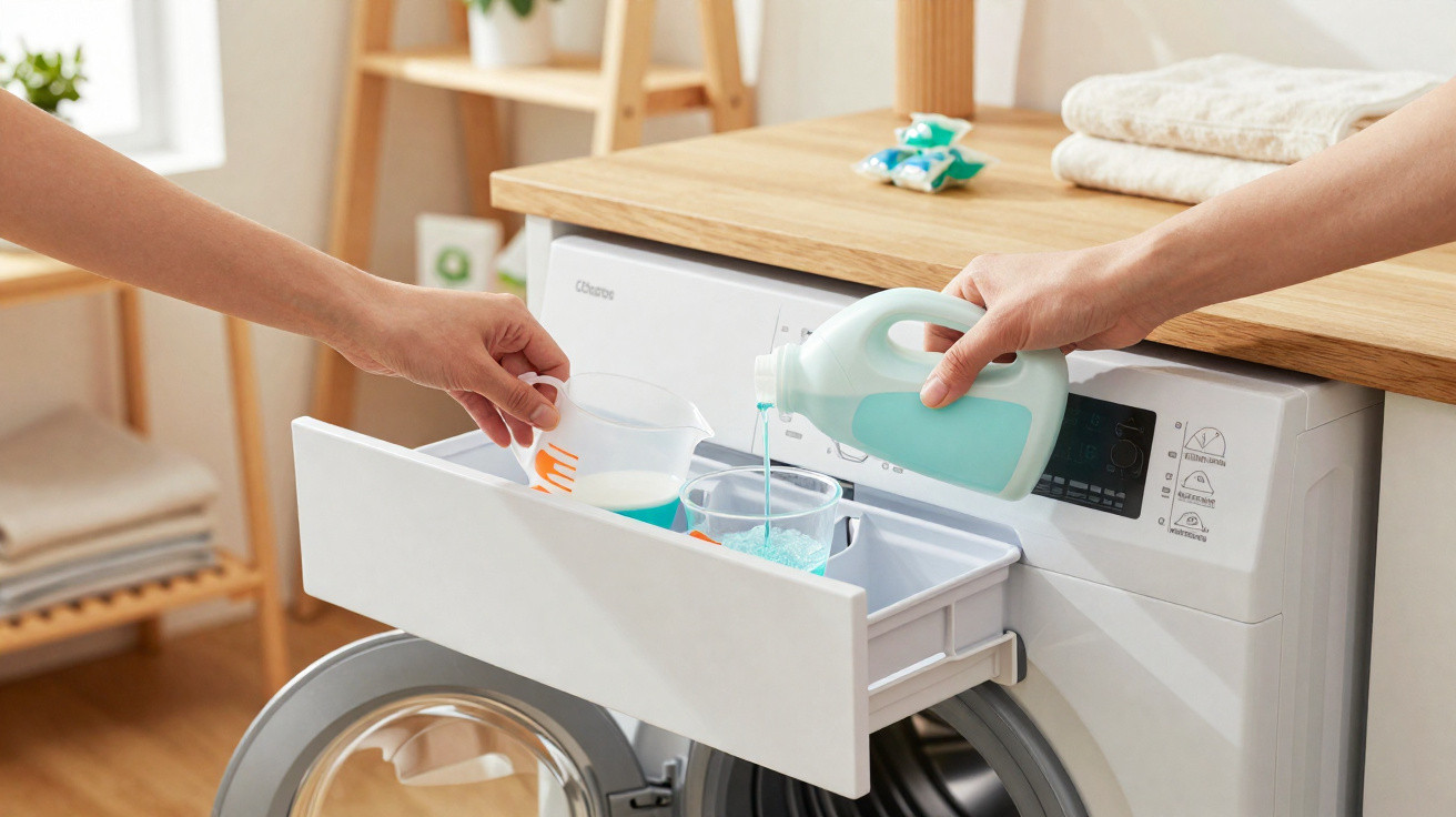 Person pouring blue liquid detergent into a washing machine detergent drawer in a modern laundry room.
