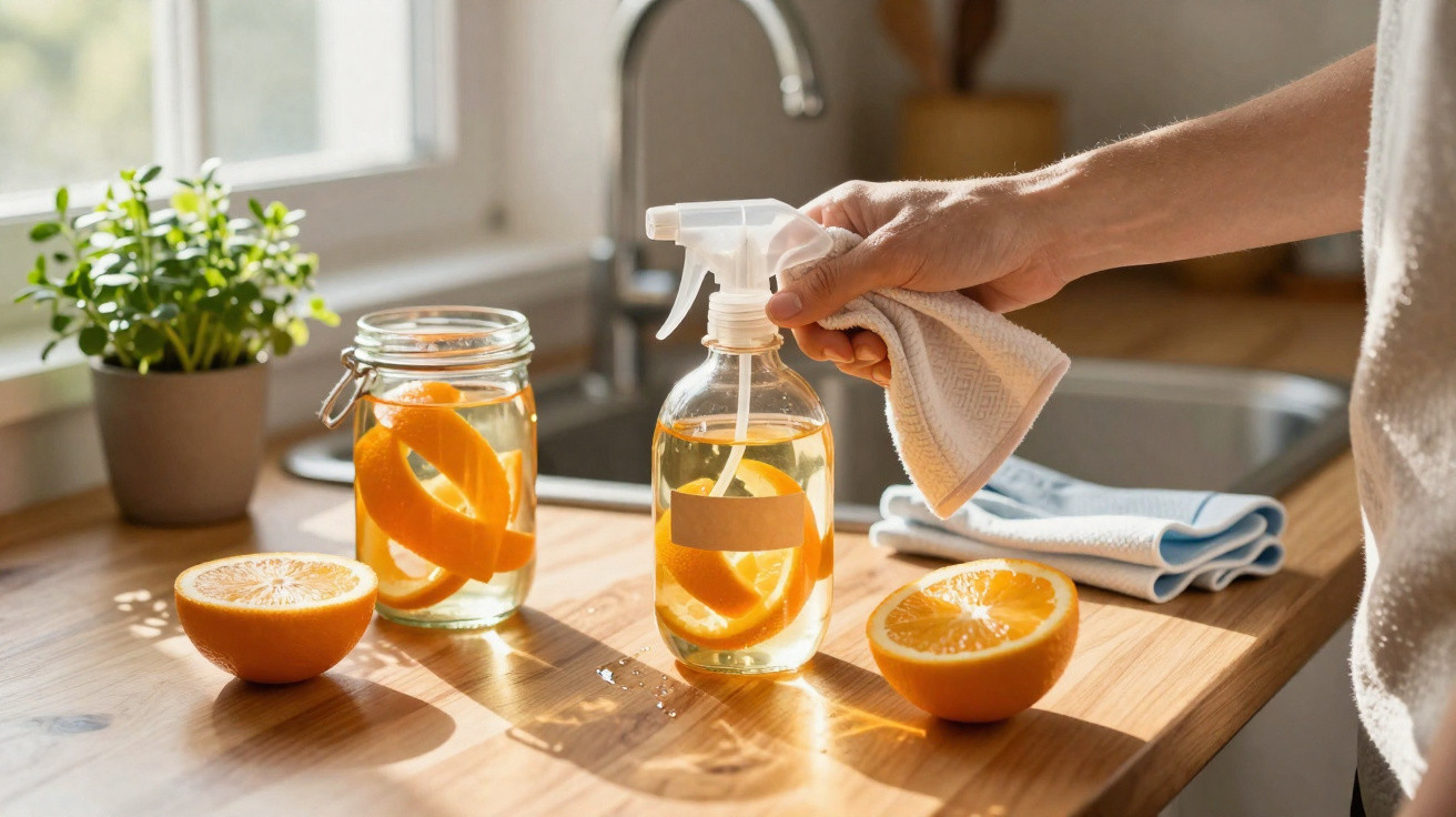 Hand holding a cloth beside a spray bottle with orange slices and citrus cleaning ingredients on a kitchen counter.