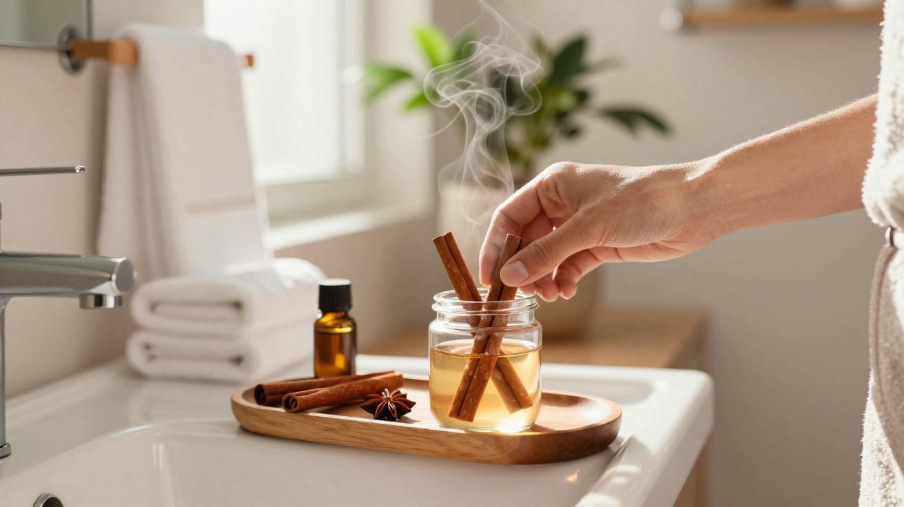 Hand placing cinnamon sticks in a steaming jar of infused water on a wooden tray by the sink.