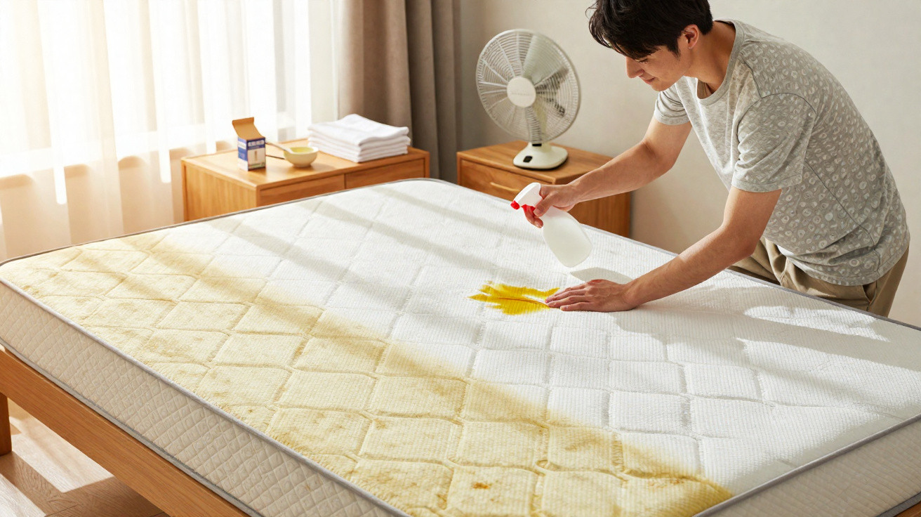 Man spraying cleaner on a stained mattress in a bright bedroom with wooden furniture and a fan nearby