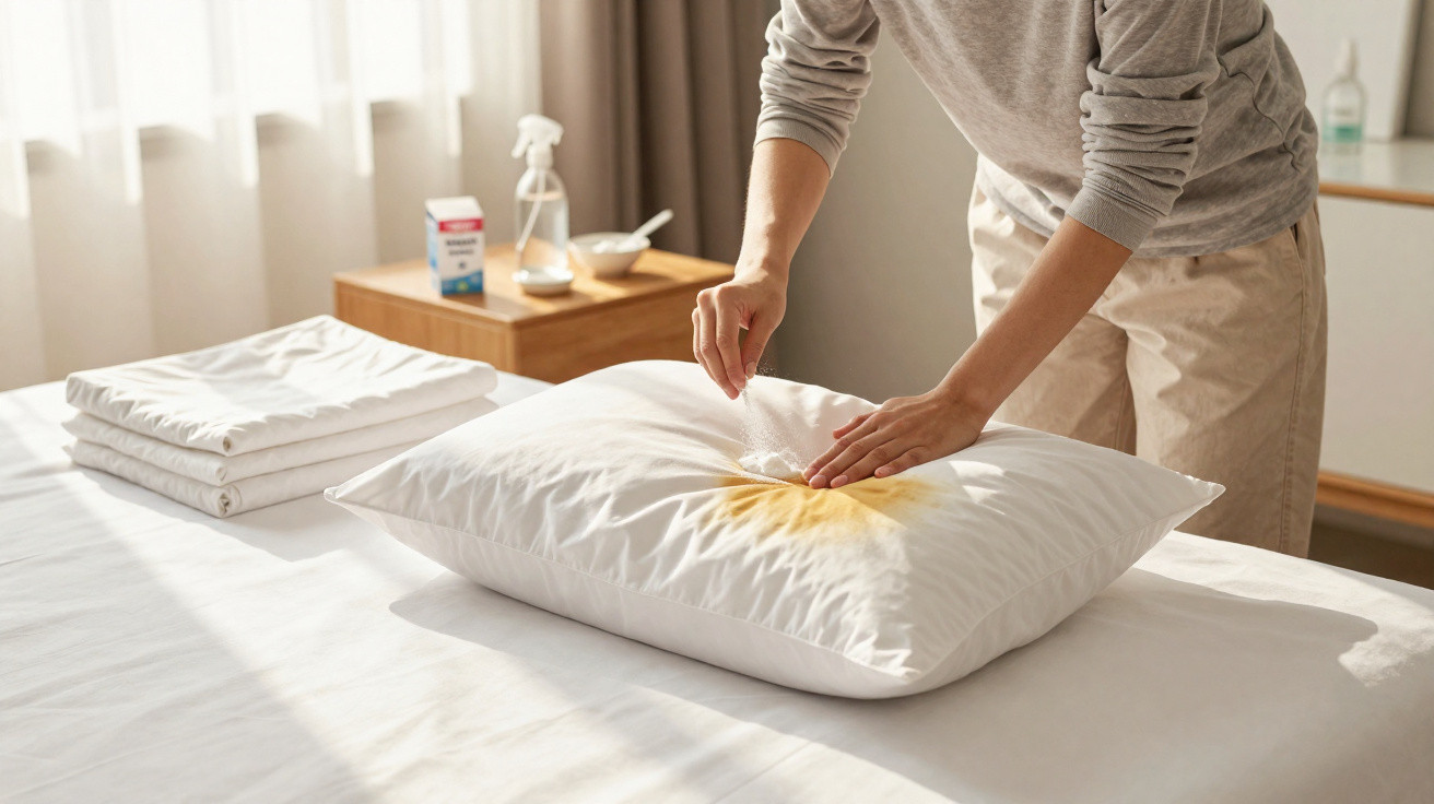Person applying stain remover to a yellow stain on a white pillow in a sunlit bedroom.